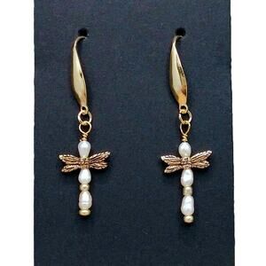 Pearl Dragonfly Earrings NEW Artisan Made Dangle Gold Tone Wings Beaded Formal